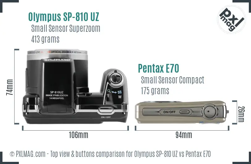 Olympus SP-810 UZ vs Pentax E70 top view buttons comparison