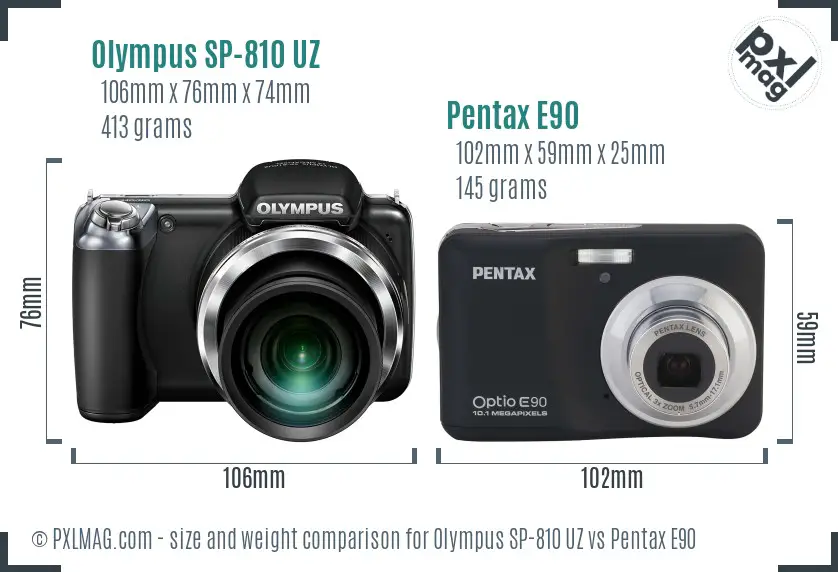 Olympus SP-810 UZ vs Pentax E90 size comparison
