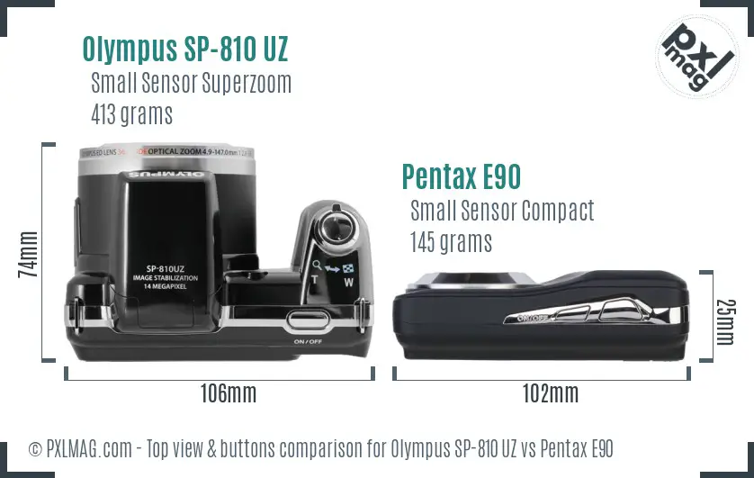 Olympus SP-810 UZ vs Pentax E90 top view buttons comparison