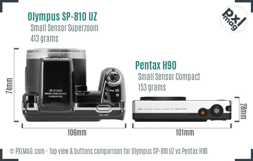 Olympus SP-810 UZ vs Pentax H90 top view buttons comparison