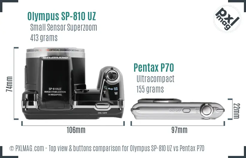 Olympus SP-810 UZ vs Pentax P70 top view buttons comparison