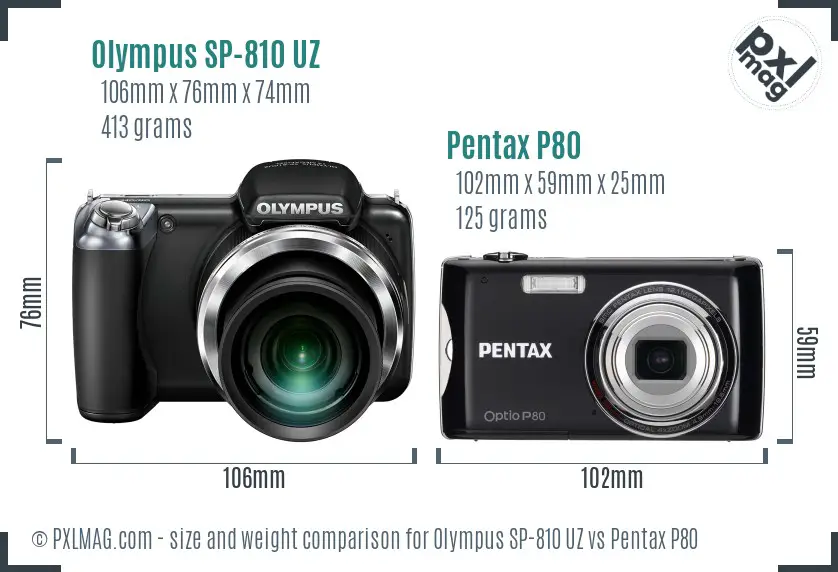 Olympus SP-810 UZ vs Pentax P80 size comparison