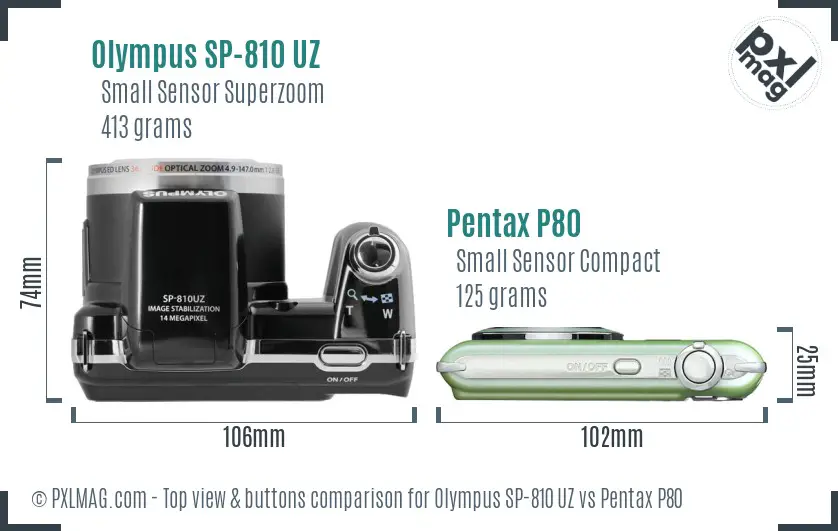 Olympus SP-810 UZ vs Pentax P80 top view buttons comparison