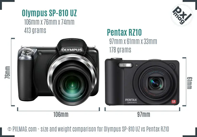 Olympus SP-810 UZ vs Pentax RZ10 size comparison