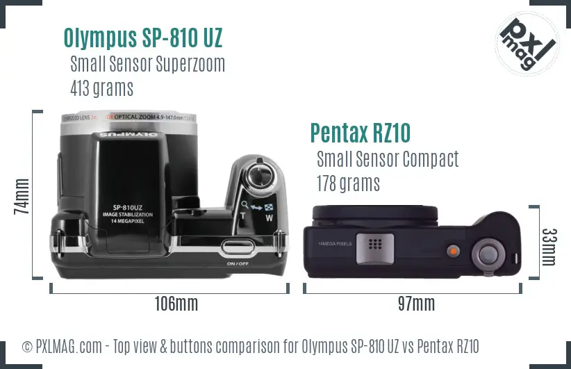 Olympus SP-810 UZ vs Pentax RZ10 top view buttons comparison
