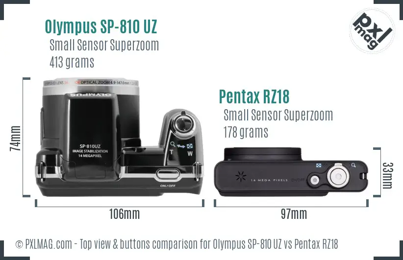 Olympus SP-810 UZ vs Pentax RZ18 top view buttons comparison
