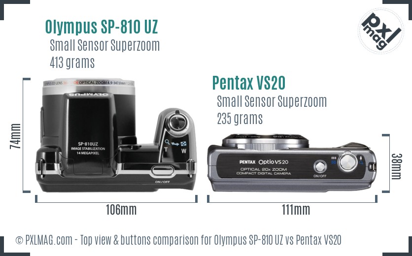 Olympus SP-810 UZ vs Pentax VS20 top view buttons comparison