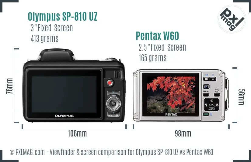 Olympus SP-810 UZ vs Pentax W60 Screen and Viewfinder comparison