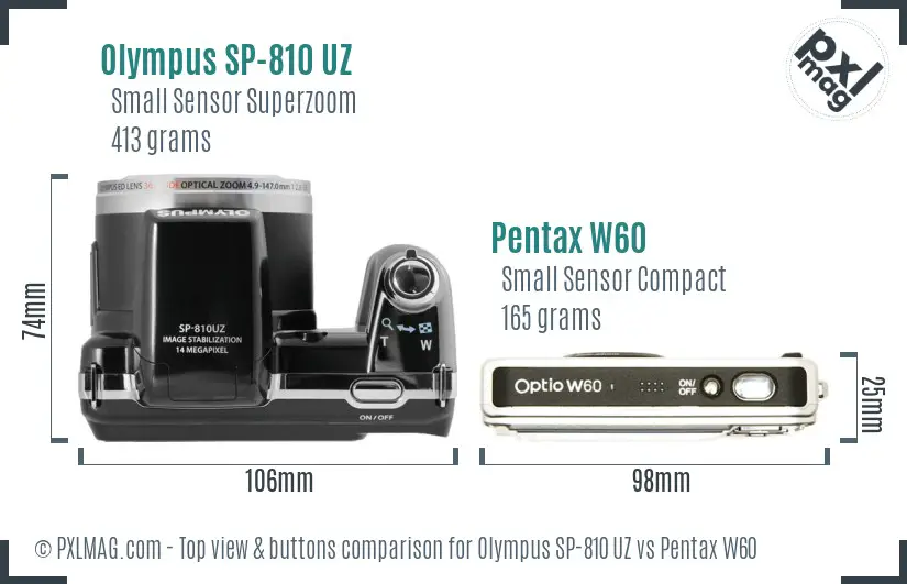 Olympus SP-810 UZ vs Pentax W60 top view buttons comparison