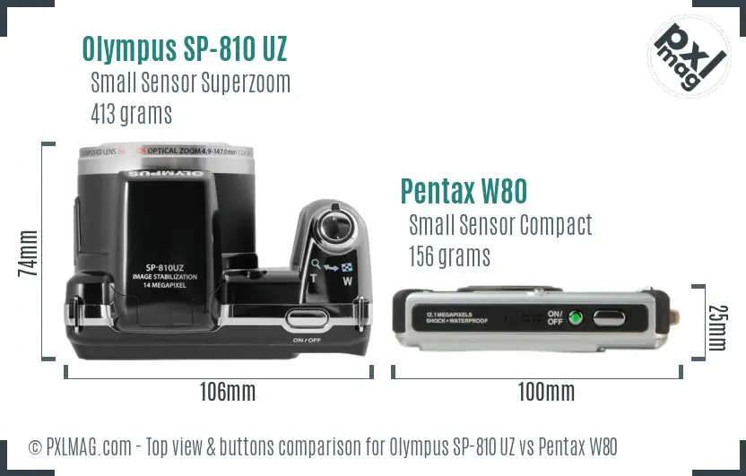 Olympus SP-810 UZ vs Pentax W80 top view buttons comparison