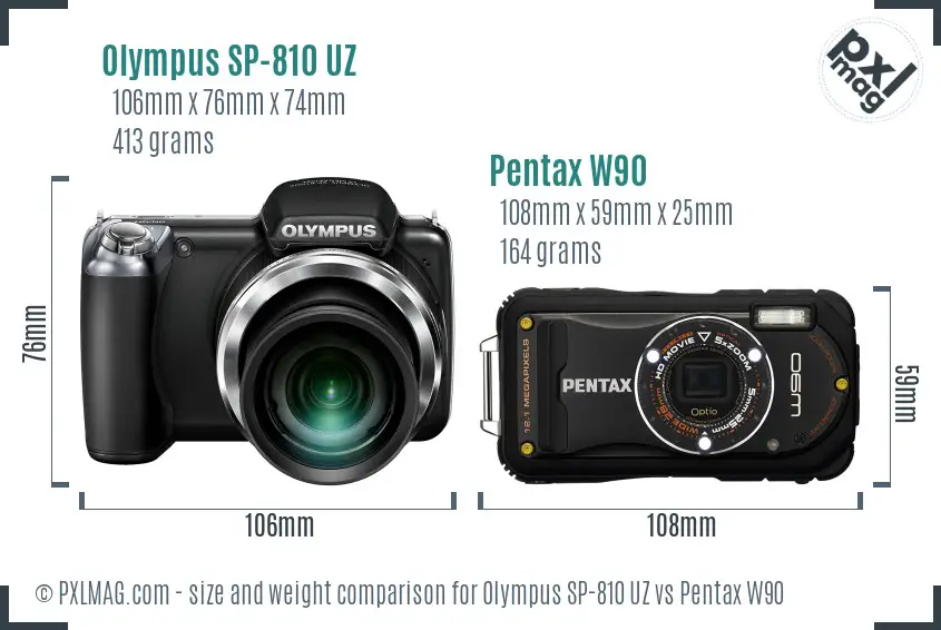 Olympus SP-810 UZ vs Pentax W90 size comparison