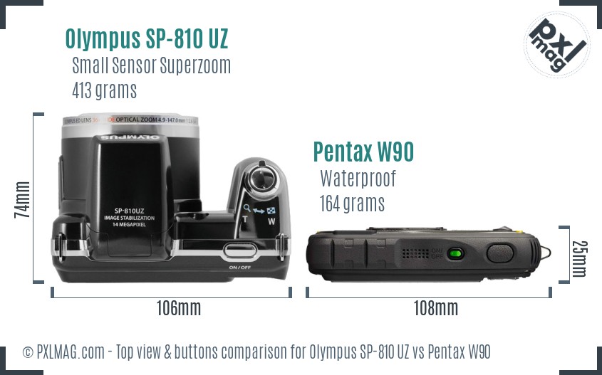 Olympus SP-810 UZ vs Pentax W90 top view buttons comparison