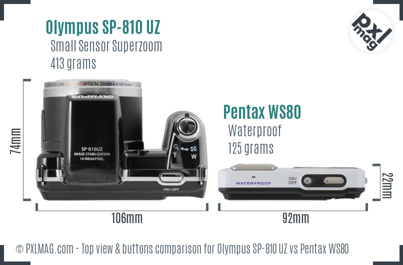 Olympus SP-810 UZ vs Pentax WS80 top view buttons comparison