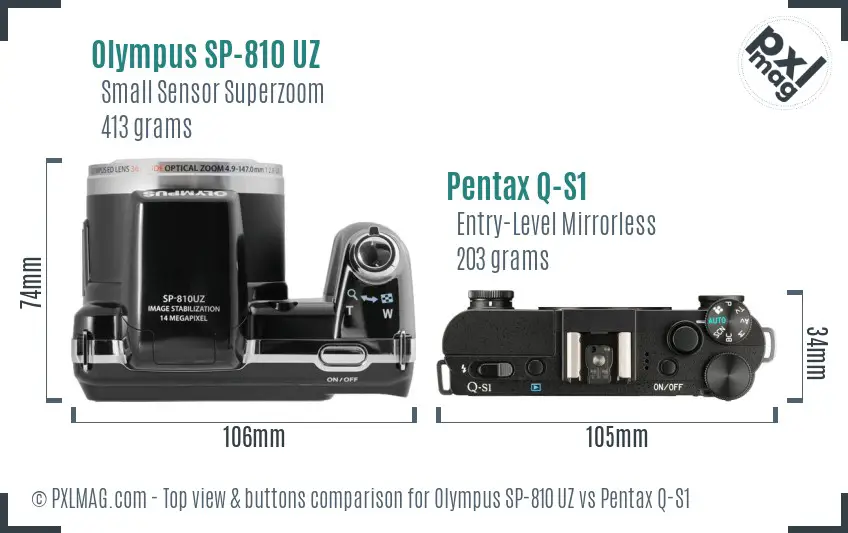 Olympus SP-810 UZ vs Pentax Q-S1 top view buttons comparison