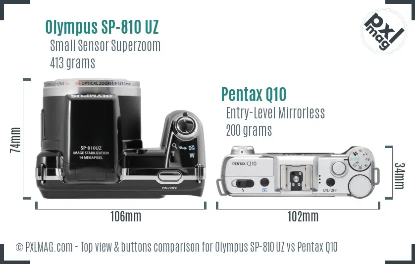 Olympus SP-810 UZ vs Pentax Q10 top view buttons comparison