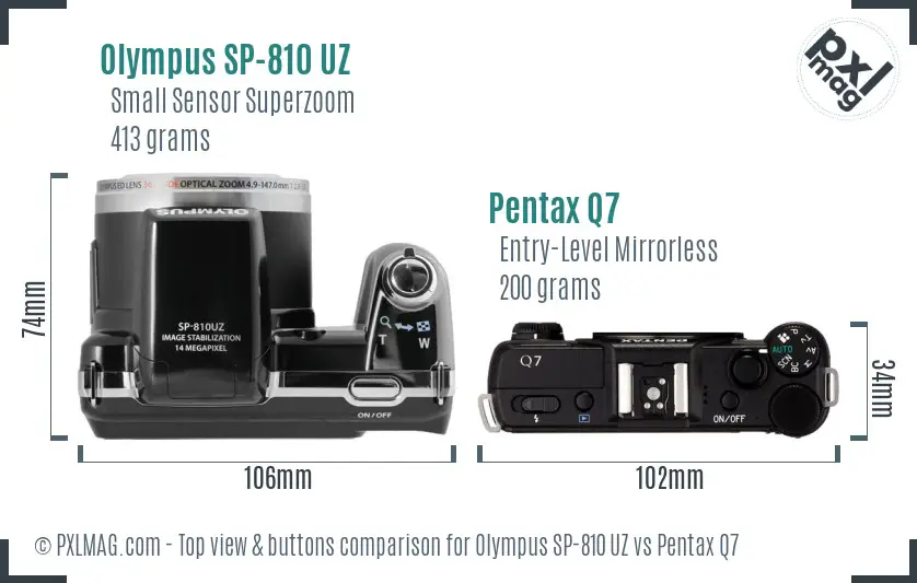 Olympus SP-810 UZ vs Pentax Q7 top view buttons comparison