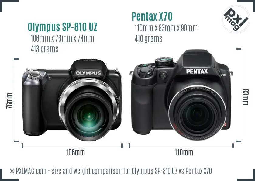 Olympus SP-810 UZ vs Pentax X70 size comparison