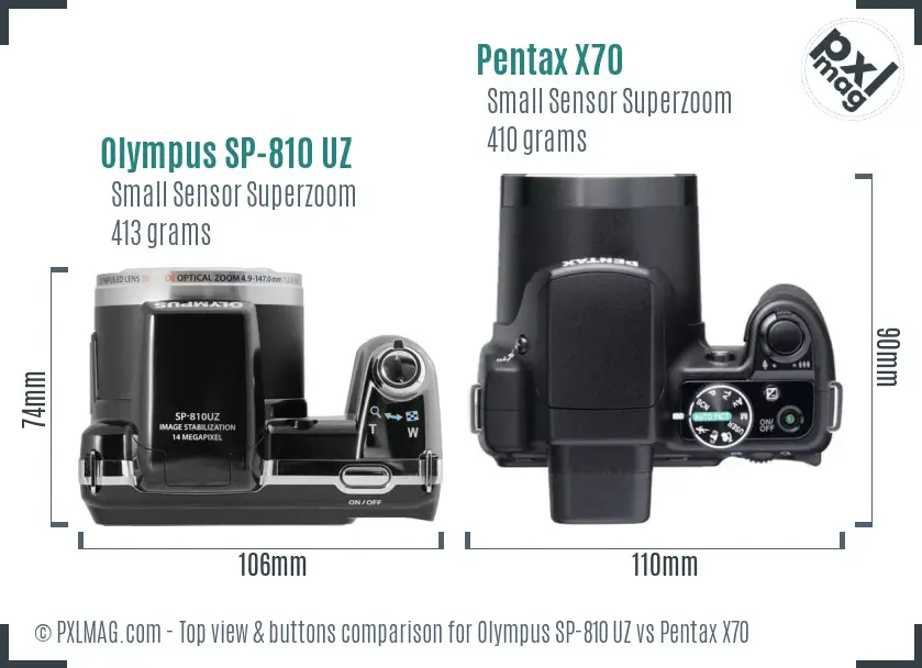 Olympus SP-810 UZ vs Pentax X70 top view buttons comparison