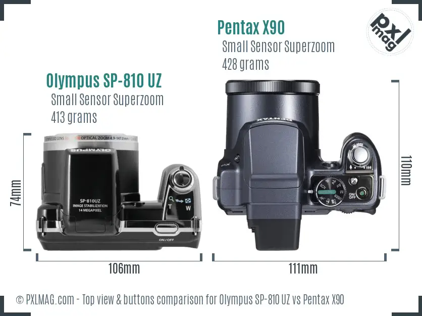 Olympus SP-810 UZ vs Pentax X90 top view buttons comparison Olympus SP-810 UZ vs Pentax X90 top view buttons comparison