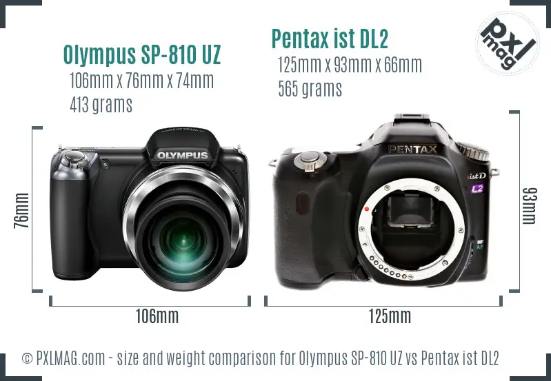 Olympus SP-810 UZ vs Pentax ist DL2 size comparison