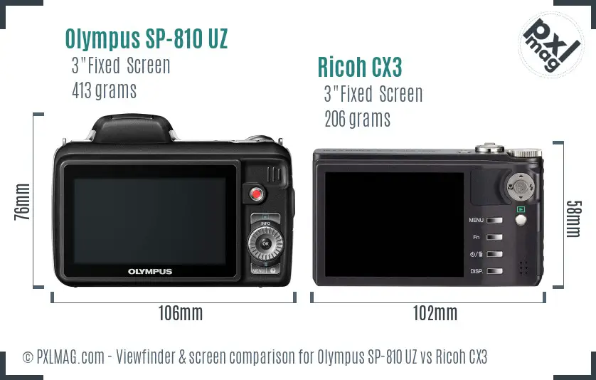 Olympus SP-810 UZ vs Ricoh CX3 Screen and Viewfinder comparison