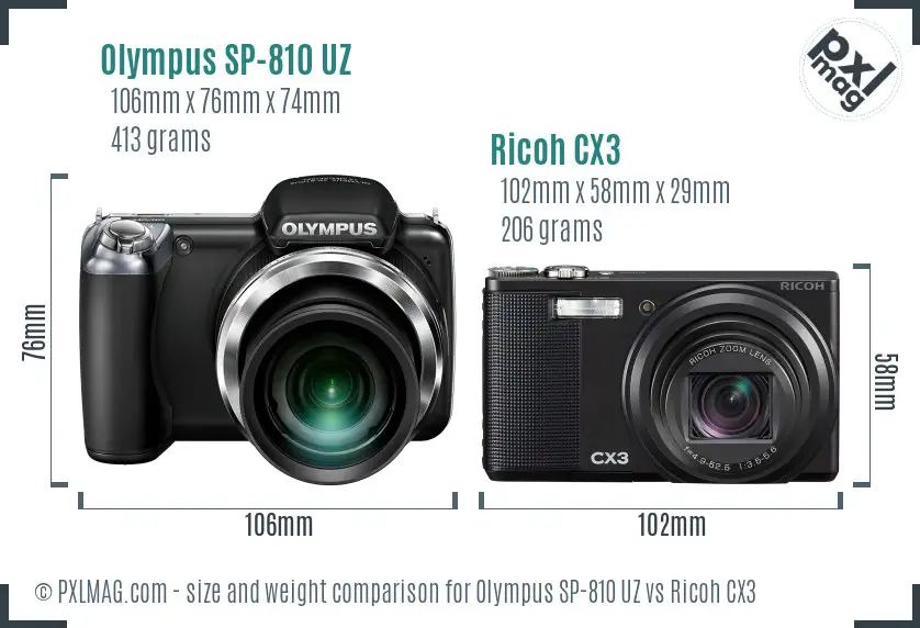 Olympus SP-810 UZ vs Ricoh CX3 size comparison