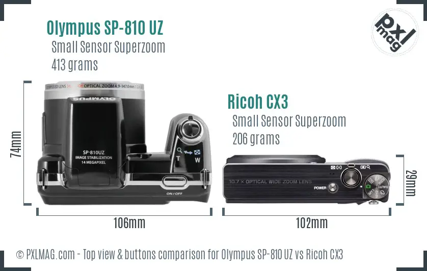 Olympus SP-810 UZ vs Ricoh CX3 top view buttons comparison