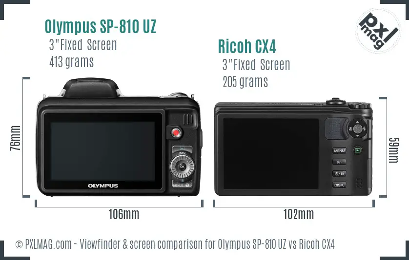 Olympus SP-810 UZ vs Ricoh CX4 Screen and Viewfinder comparison