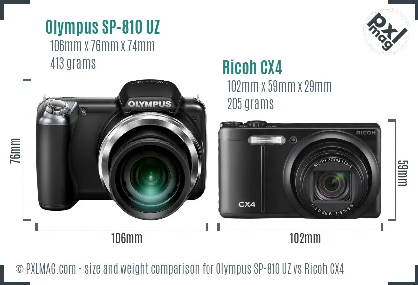 Olympus SP-810 UZ vs Ricoh CX4 size comparison