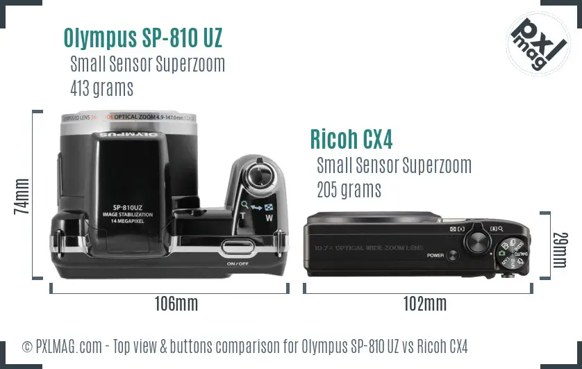 Olympus SP-810 UZ vs Ricoh CX4 top view buttons comparison