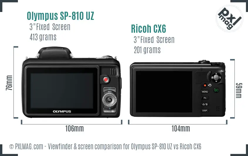 Olympus SP-810 UZ vs Ricoh CX6 Screen and Viewfinder comparison