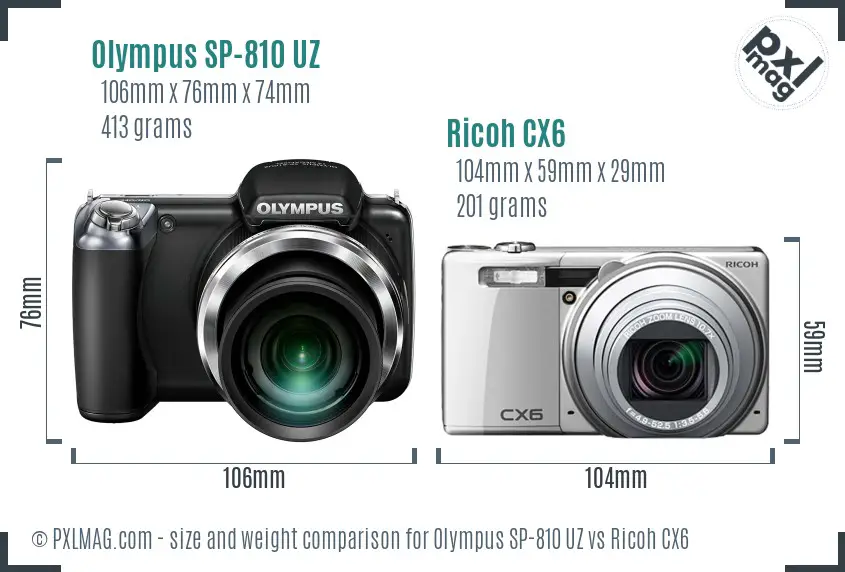 Olympus SP-810 UZ vs Ricoh CX6 size comparison