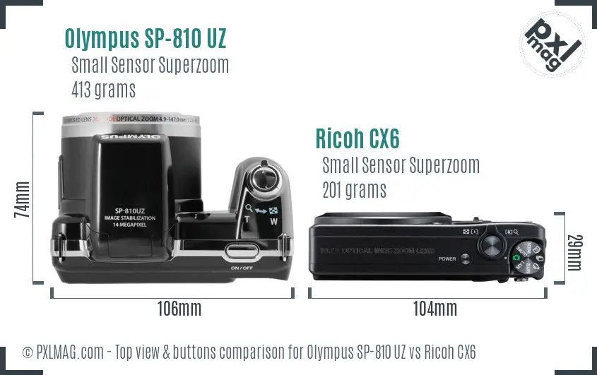 Olympus SP-810 UZ vs Ricoh CX6 top view buttons comparison