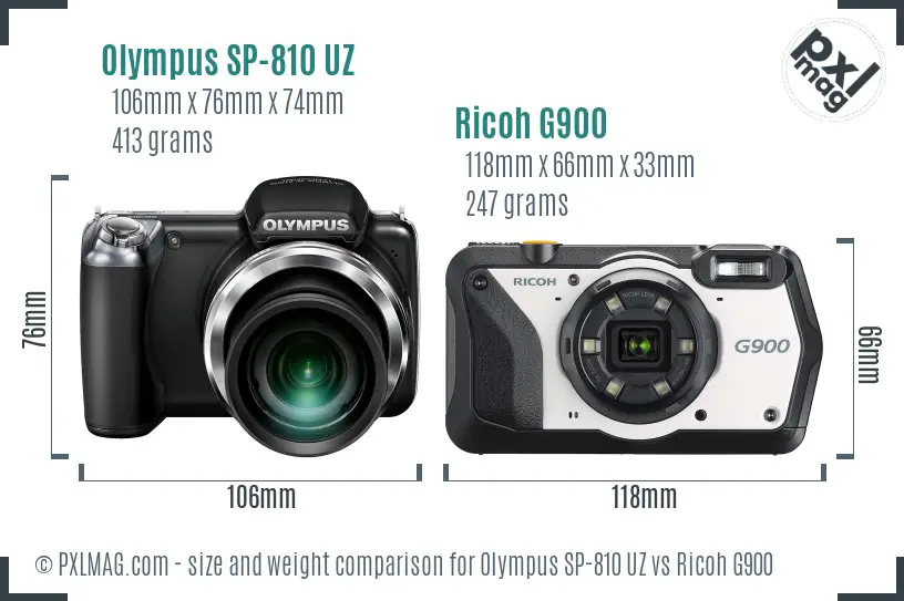 Olympus SP-810 UZ vs Ricoh G900 size comparison