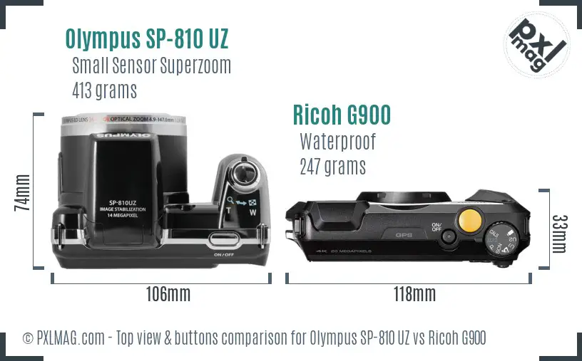 Olympus SP-810 UZ vs Ricoh G900 top view buttons comparison