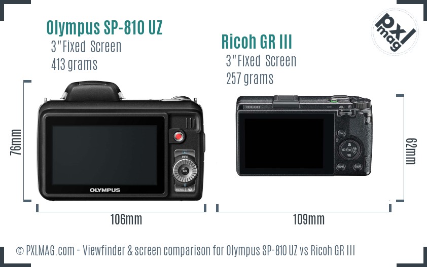 Olympus SP-810 UZ vs Ricoh GR III Screen and Viewfinder comparison