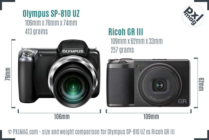 Olympus SP-810 UZ vs Ricoh GR III size comparison Olympus SP-810 UZ vs Ricoh GR III size comparison