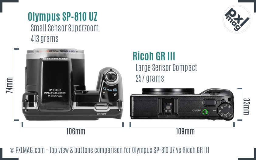 Olympus SP-810 UZ vs Ricoh GR III top view buttons comparison