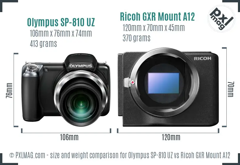 Olympus SP-810 UZ vs Ricoh GXR Mount A12 size comparison