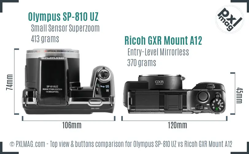 Olympus SP-810 UZ vs Ricoh GXR Mount A12 top view buttons comparison