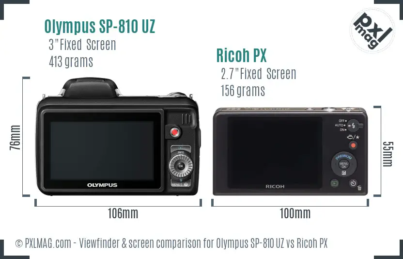 Olympus SP-810 UZ vs Ricoh PX Screen and Viewfinder comparison