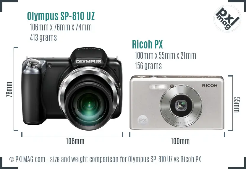 Olympus SP-810 UZ vs Ricoh PX size comparison