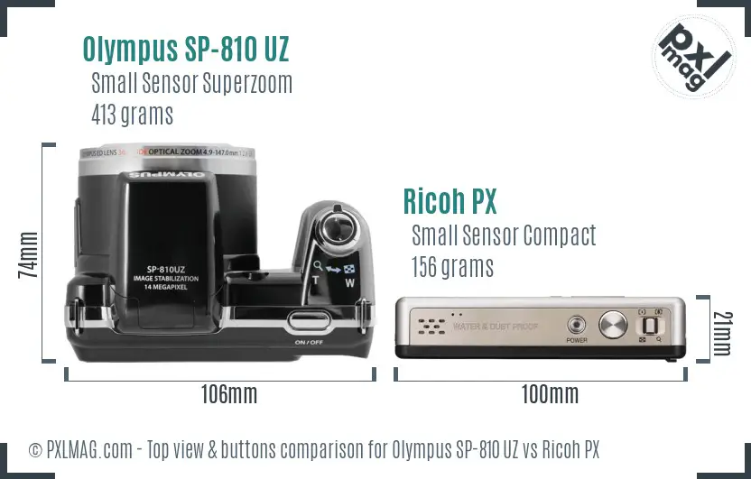 Olympus SP-810 UZ vs Ricoh PX top view buttons comparison