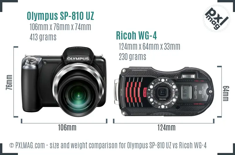 Olympus SP-810 UZ vs Ricoh WG-4 size comparison