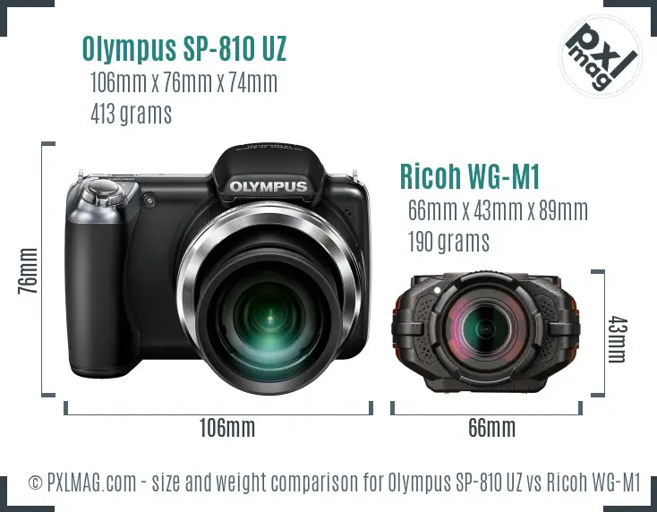 Olympus SP-810 UZ vs Ricoh WG-M1 size comparison
