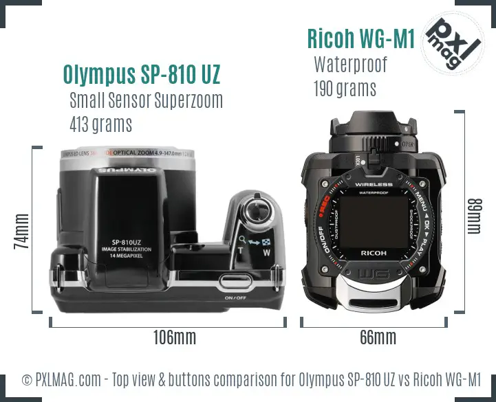Olympus SP-810 UZ vs Ricoh WG-M1 top view buttons comparison