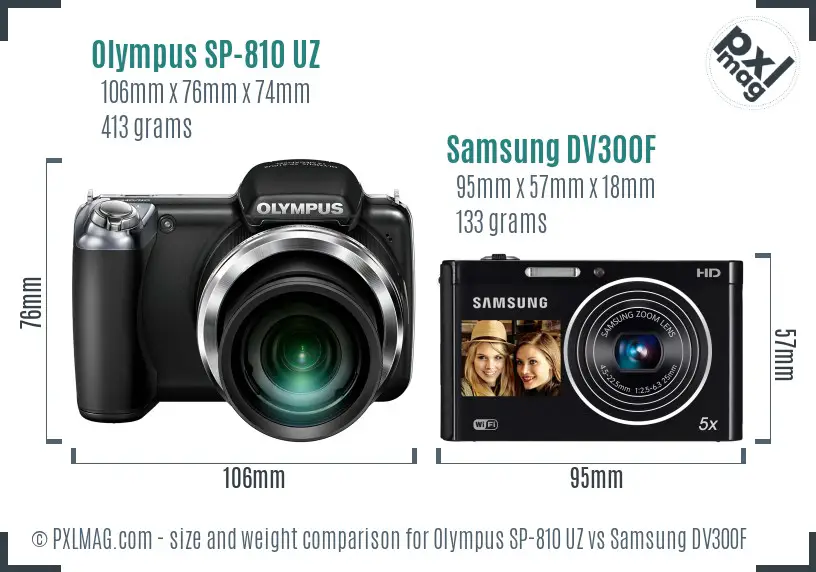 Olympus SP-810 UZ vs Samsung DV300F size comparison