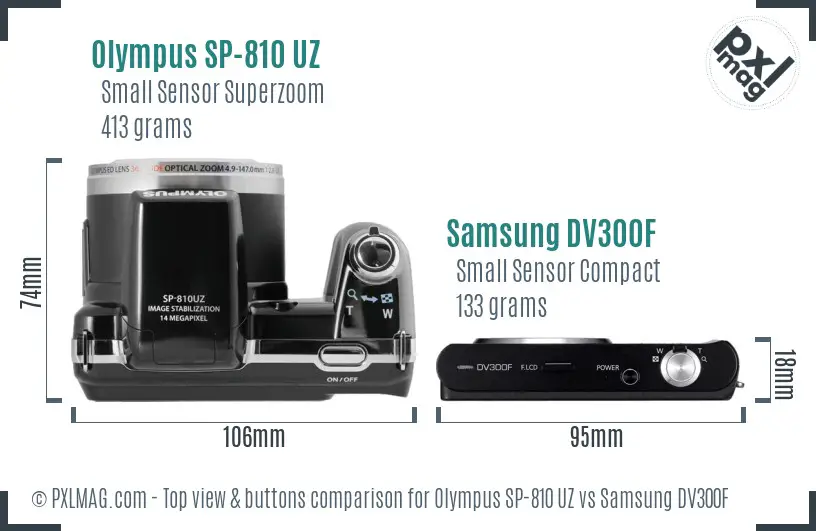 Olympus SP-810 UZ vs Samsung DV300F top view buttons comparison