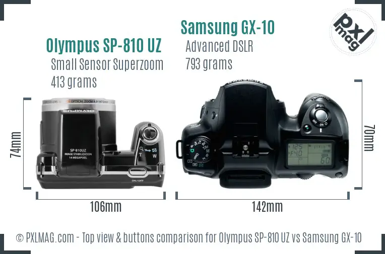 Olympus SP-810 UZ vs Samsung GX-10 top view buttons comparison