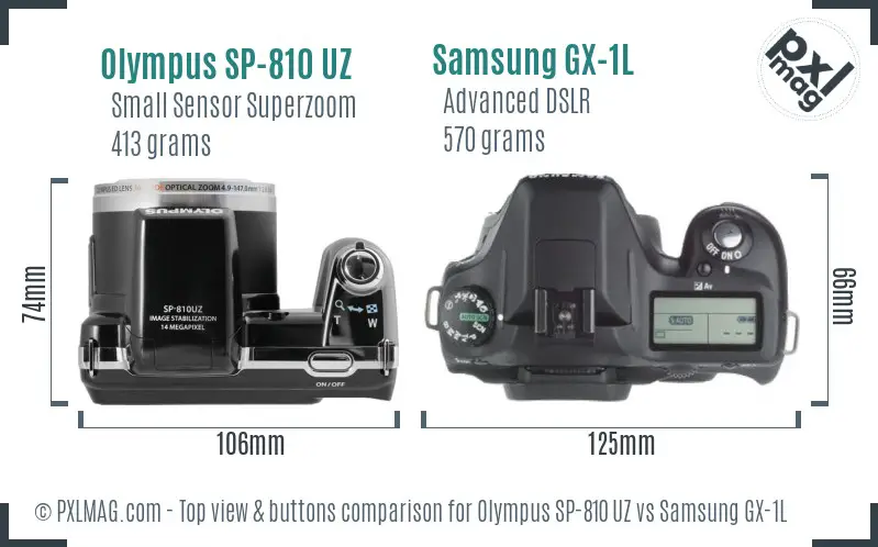 Olympus SP-810 UZ vs Samsung GX-1L top view buttons comparison Olympus SP-810 UZ vs Samsung GX-1L top view buttons comparison